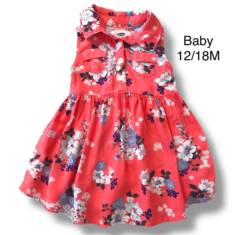 Old Navy Coral Floral Print Baby Girl Dress Size 12-18 Months